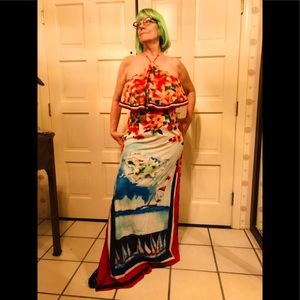 Ladies Hawaiian island scene with border, long halter dress